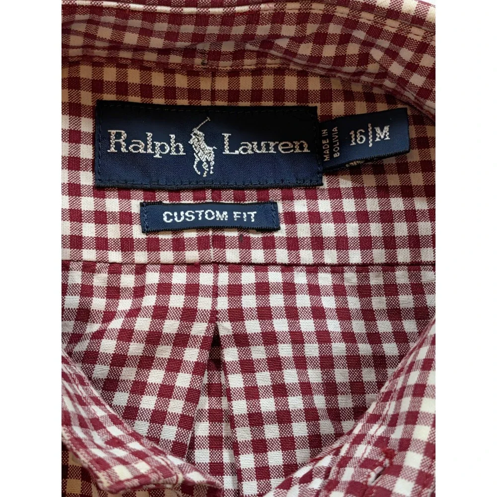 Ralph Lauren Polo Mens‎ Shirt Medium Custom 16 Neck Red Gingham Plaid Vtg Rare